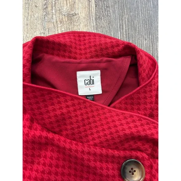 Cabi Red Houndstooth Topper Coat Asymmetrical Ruffle Front Jacket 3546 Womens L - Picture 2 of 6